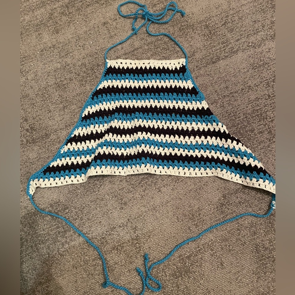 Nordstrom knitted tie halter top, blue white and black, size S/M